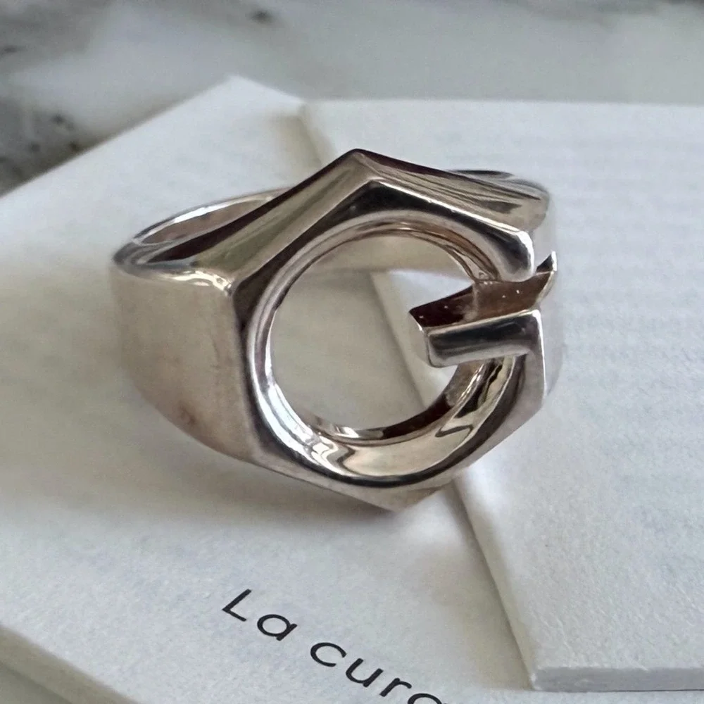 Gucci Sterling Silver Hexagon G Logo Ring Made in Italy Statement Band size 15